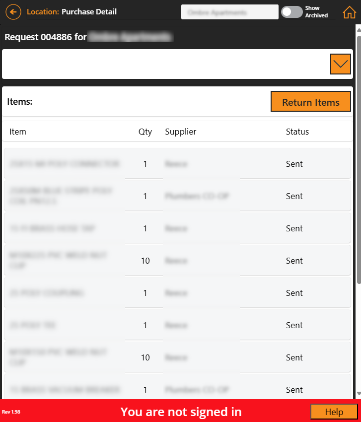 Detailed view of a purchase order in the field app showing line items and delivery options