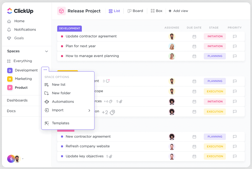 Screenshot of ClickUp task management interface